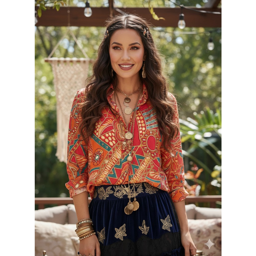 Erin London Button Up Shirt Bohemian Abstract Print Small